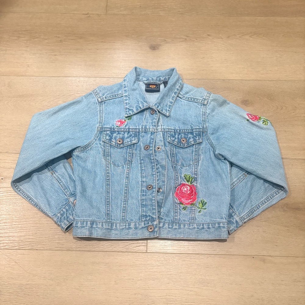 Route 66 Kids Light Blue Denim Jacket with Pink Floral Embroidery.